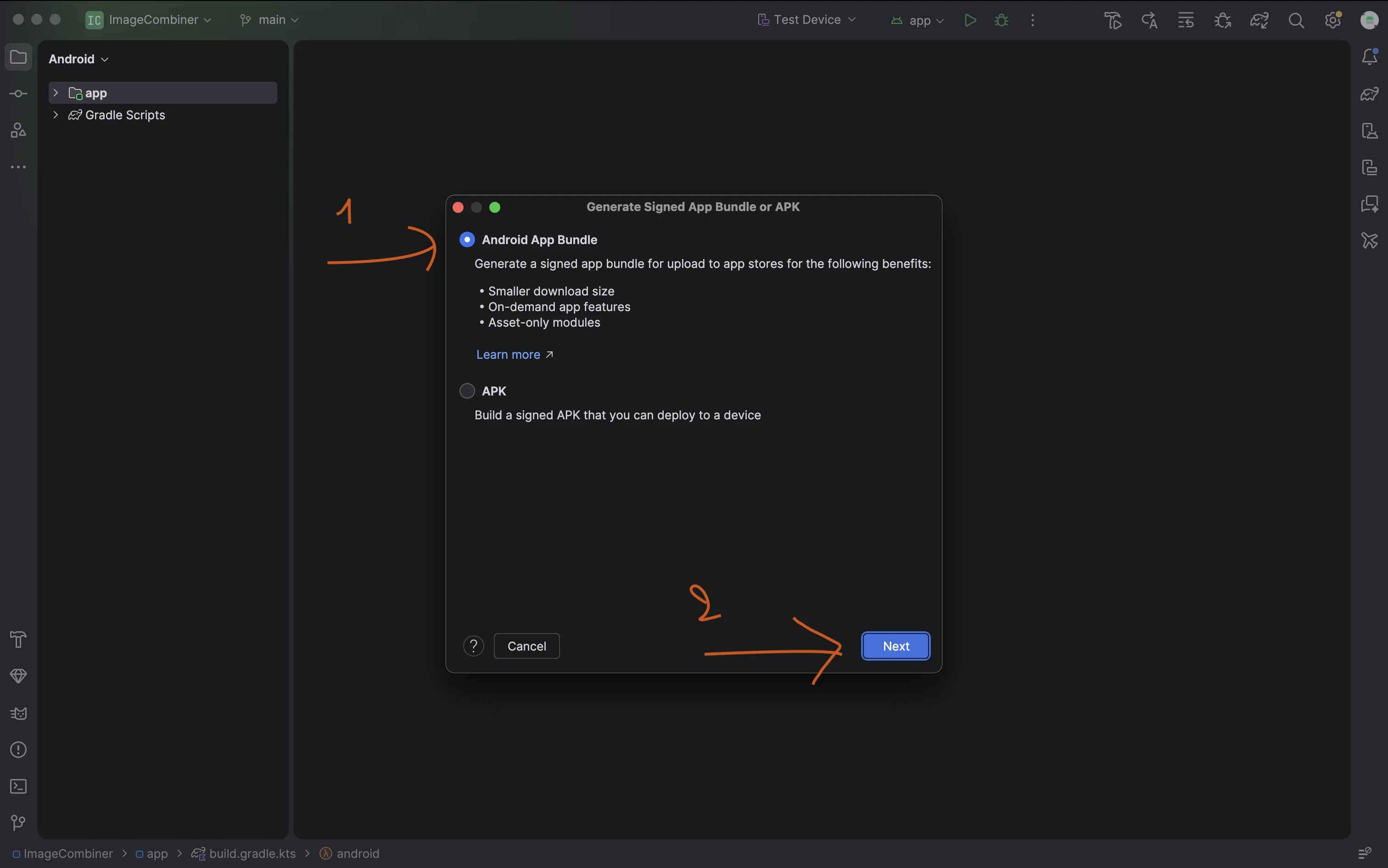 Android App Bundle option selected to generate an AAB file in Android Studio