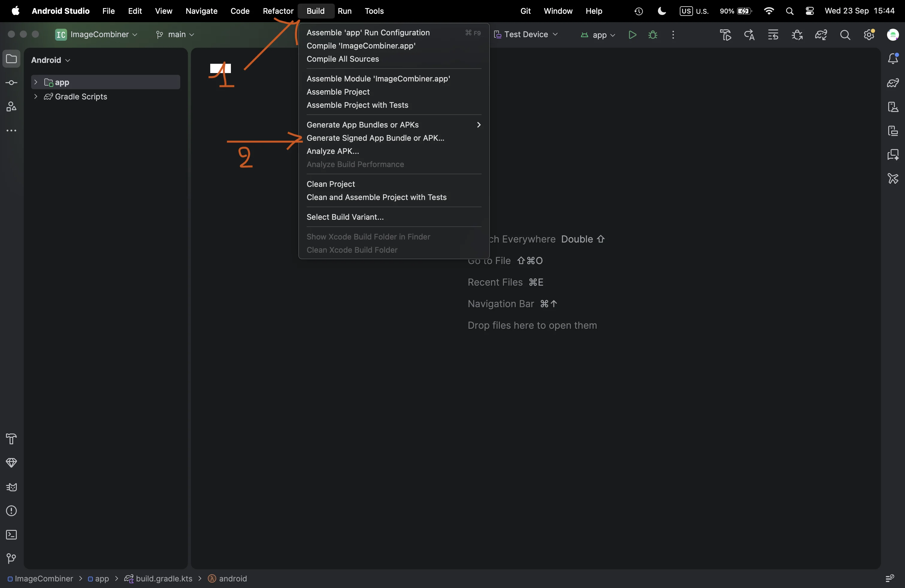 Build menu in Android Studio with Generate Signed App Bundle or APK option highlighted