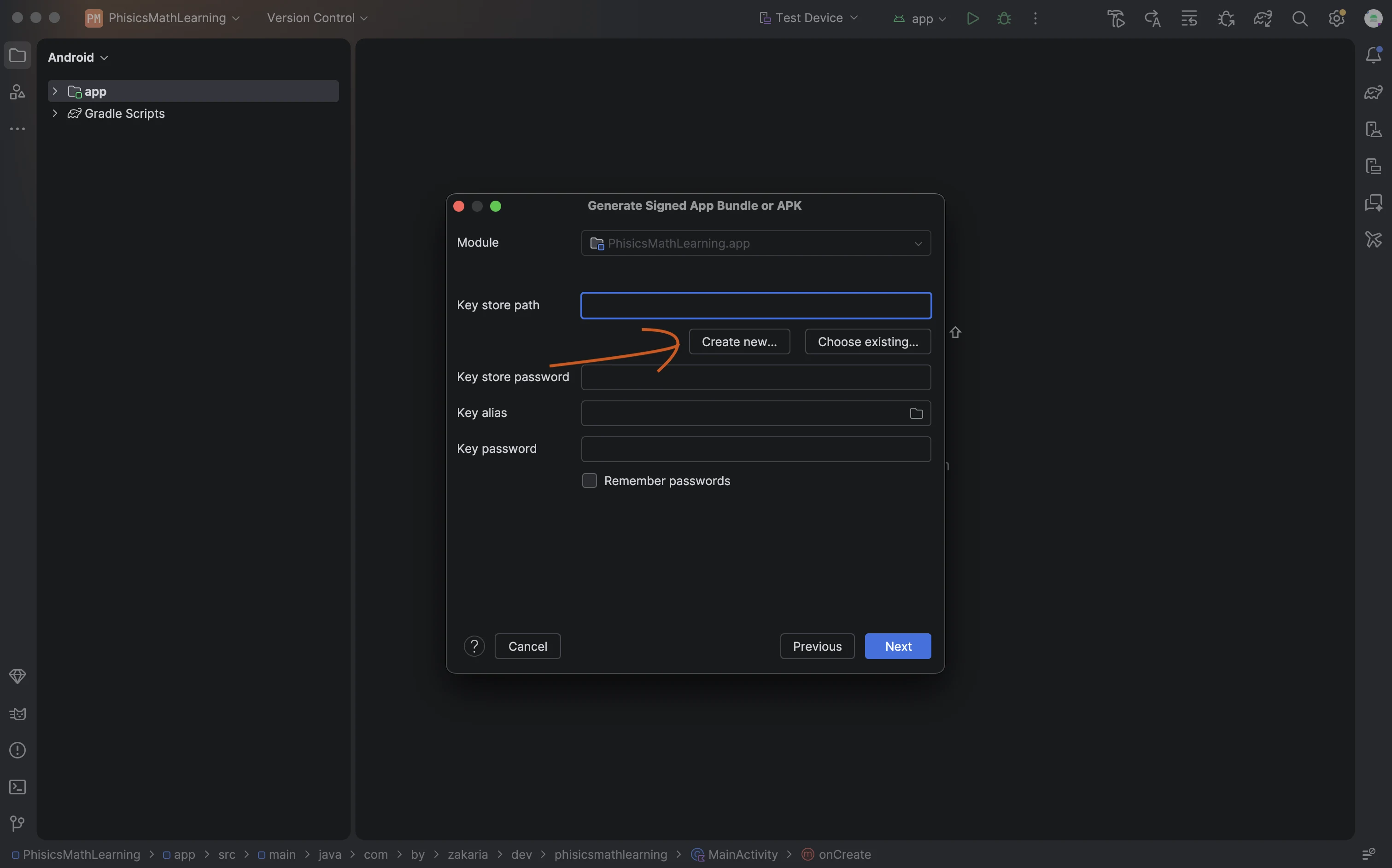 Create new keystore button in the Generate Signed App Bundle wizard