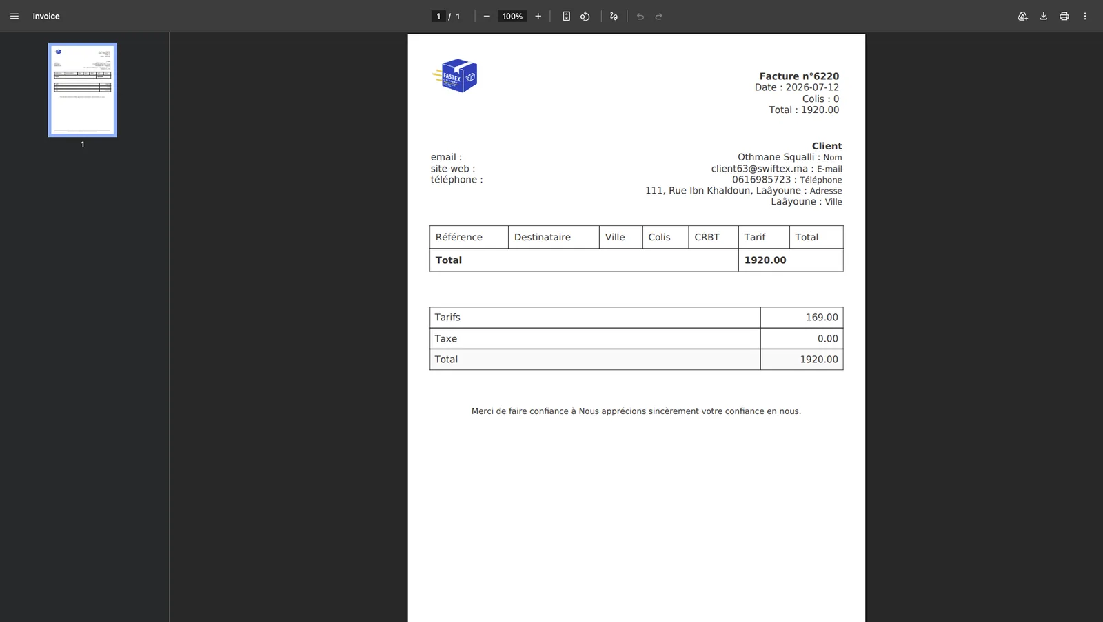 Automatically generated PDF invoice for cash on delivery parcels