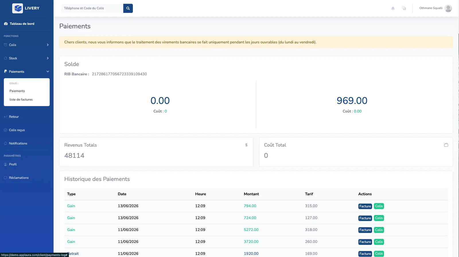 Self-service client portal showing payments and invoices for a delivery company merchant