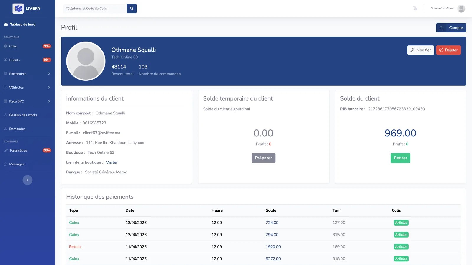 Client profile page showing cash on delivery balance and payment history for a merchant