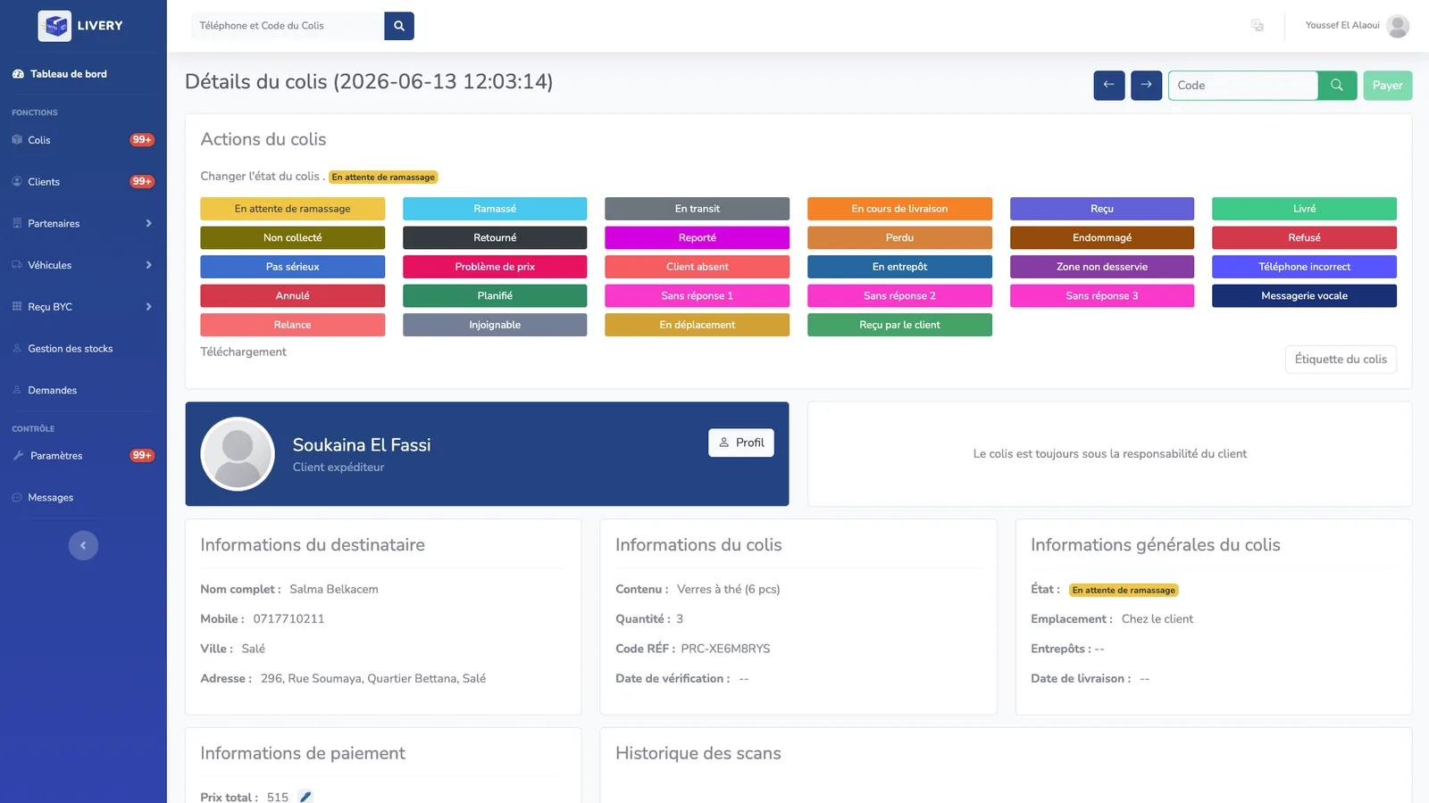 Parcel detail screen showing one-click status update actions for a courier dispatcher