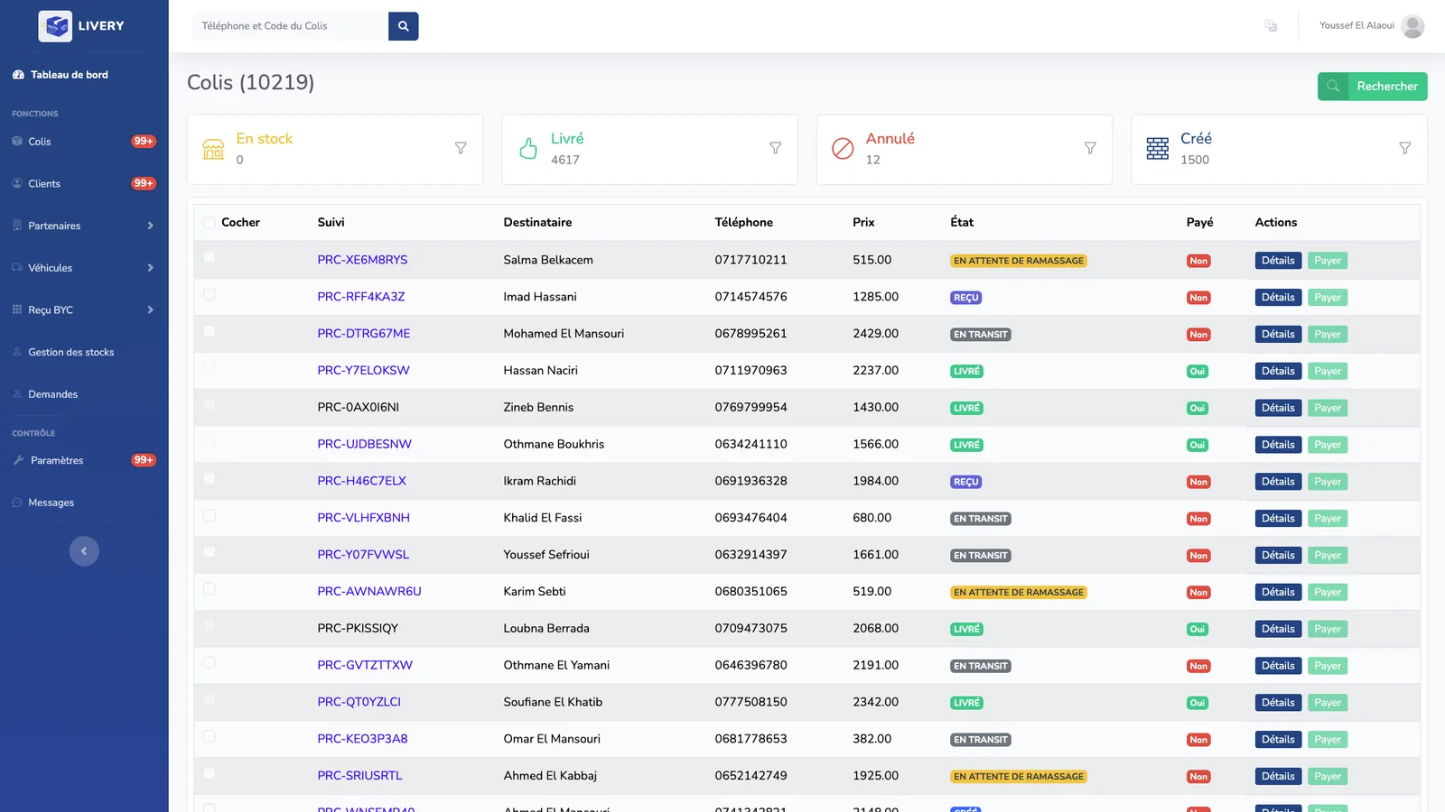 Live parcel tracking list filtered by delivery status in a delivery management dashboard
