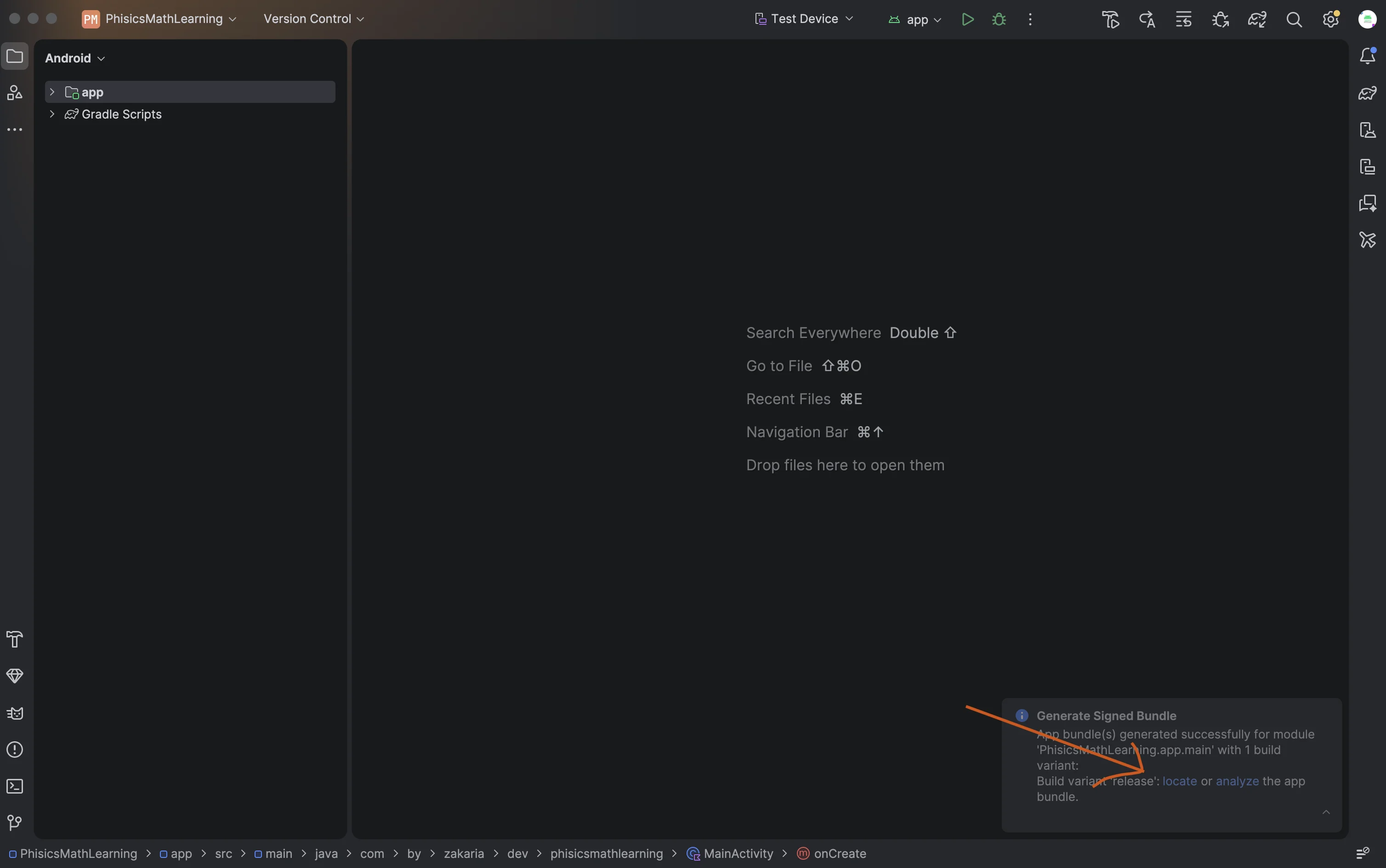 Android Studio notification confirming the signed app bundle was generated successfully