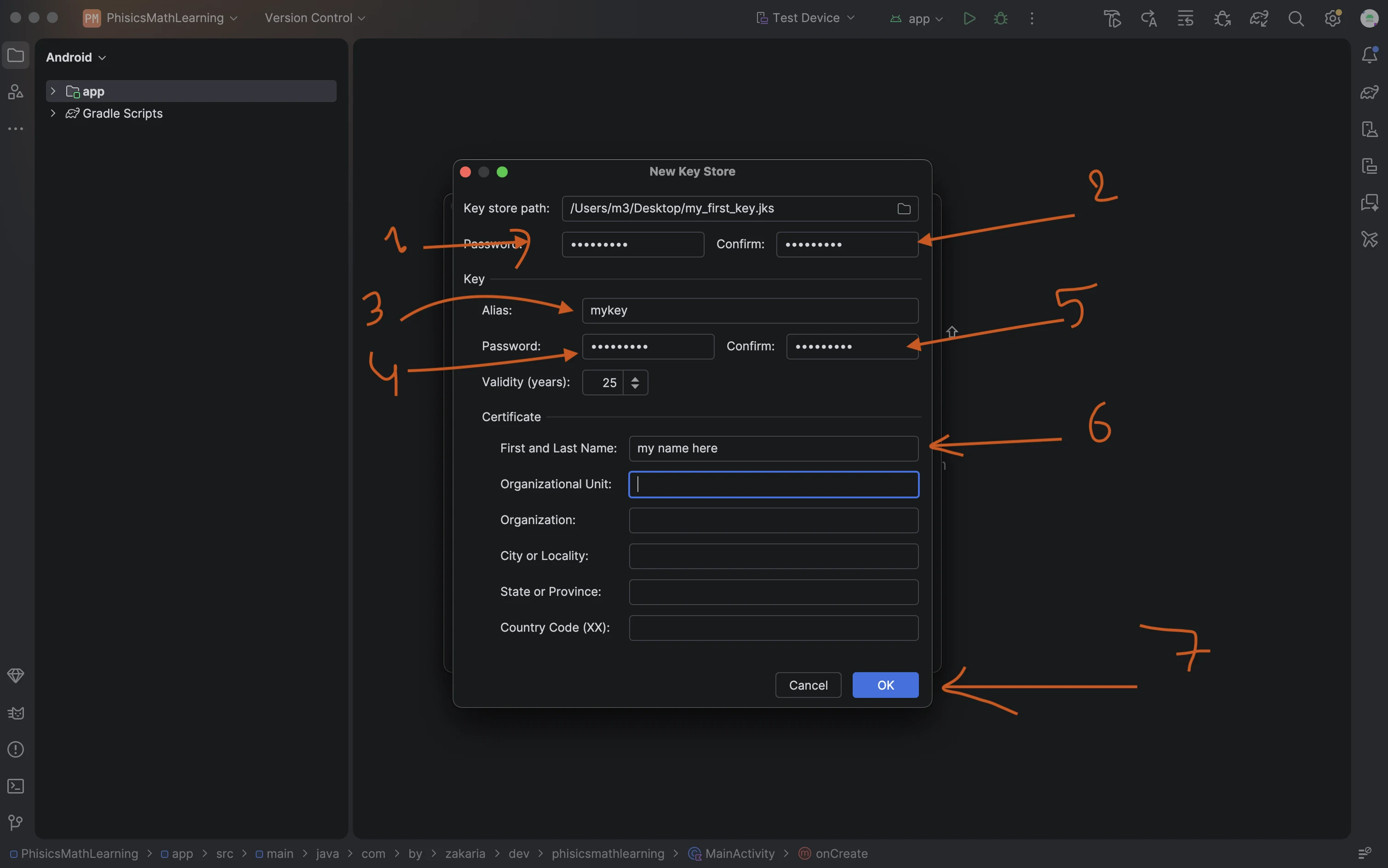 Keystore password, key alias and certificate details filled in Android Studio