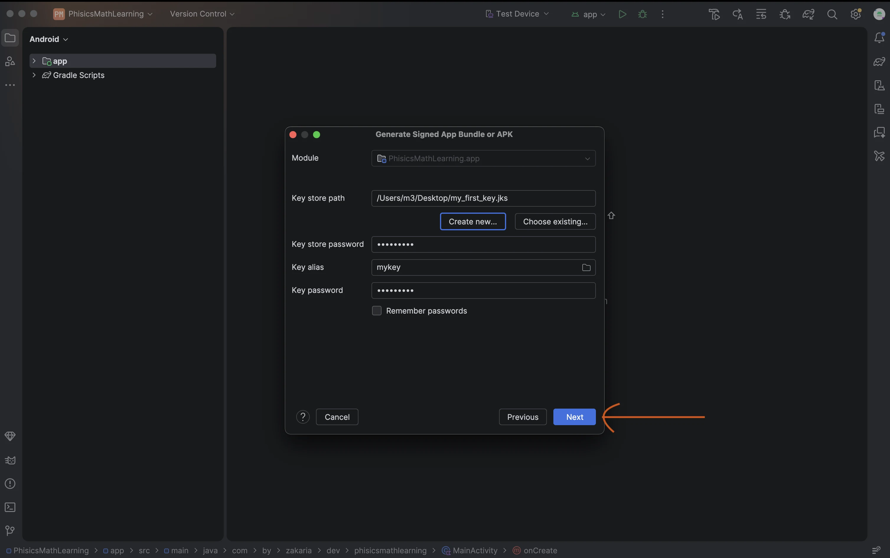 Keystore path and key alias entered in the Generate Signed App Bundle wizard