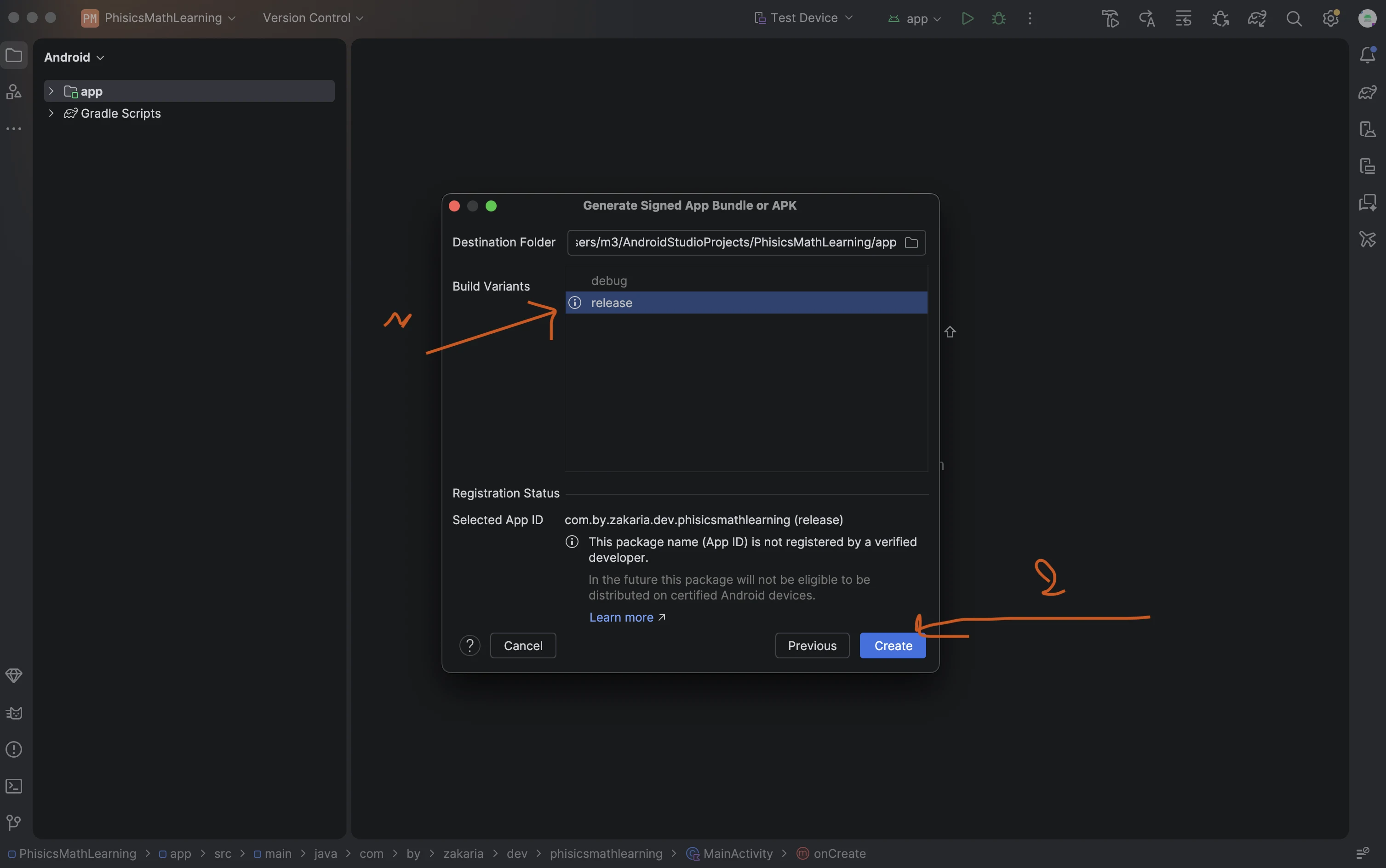 Selecting the release build variant to generate a signed AAB file in Android Studio